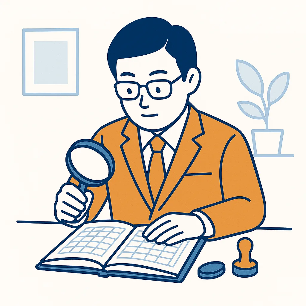 税理士が帳簿を丁寧にチェックしているイラスト
