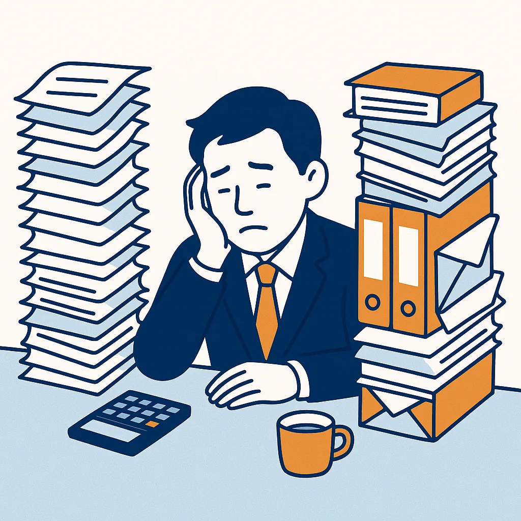 山積みの領収書を前に頭を抱える経営者のイラスト